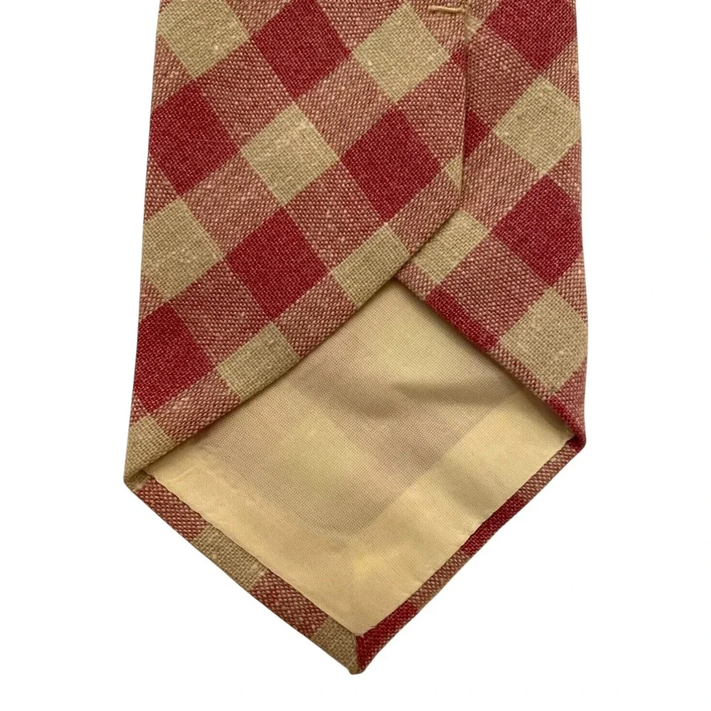 Vintage Vicky Davis Men's Classic Neck Tie Red Beige Check Pattern Silk Blend